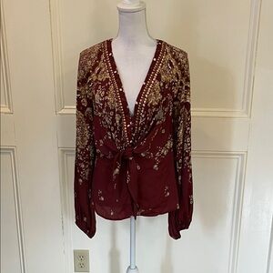 Free People Maroon Floral Tie-Front Blouse